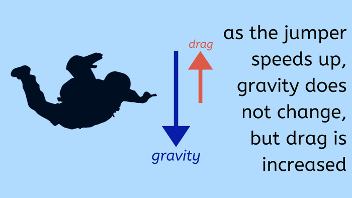 A downward-moving skydiver is falling with a constant speed