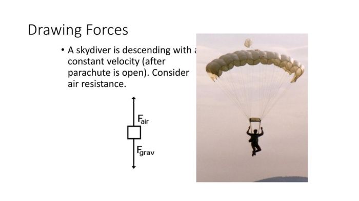 A downward-moving skydiver is falling with a constant speed