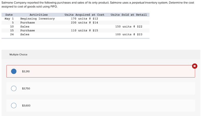 Salmone company reported the following purchases fifo